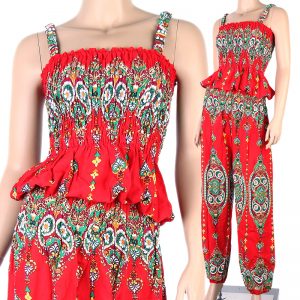 Bohemian Jumpsuit Sleeveless Fashion Smocked Harem Pants Boho Red js03r-0