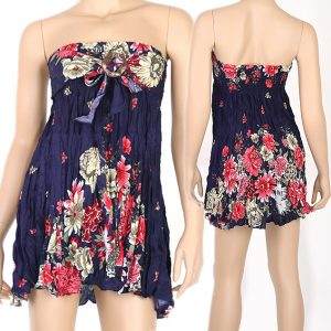Floral Bohemian Summer Strapless Sun Dress & Skirt Beach Boho Blue XS S md025s-0