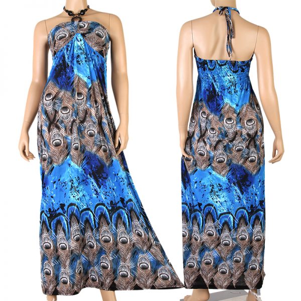 Paisleys Evening Cocktail Long Maxi Dress Halter Beach Blue XS S M 0-10 US p02s -0