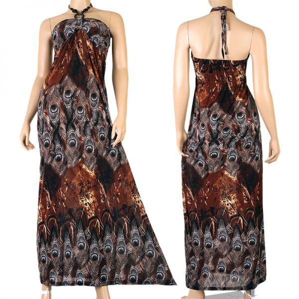 Paisleys Evening Cocktail Long Maxi Dress Halter Beach Brown XS S M 0-10 US p02b -0