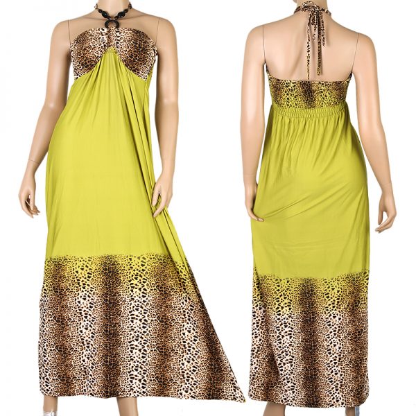 Leopard Evening Cocktail Long Maxi Dress Halter Beach Green XS S M 0-10 US p06t -0