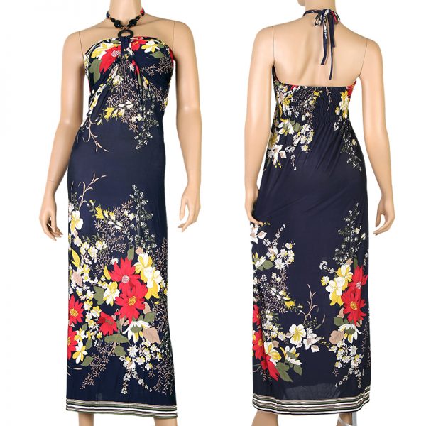 Floral Evening Cocktail Long Maxi Dress Halter Wedding Blue XS S M 0-10 US p07s -0