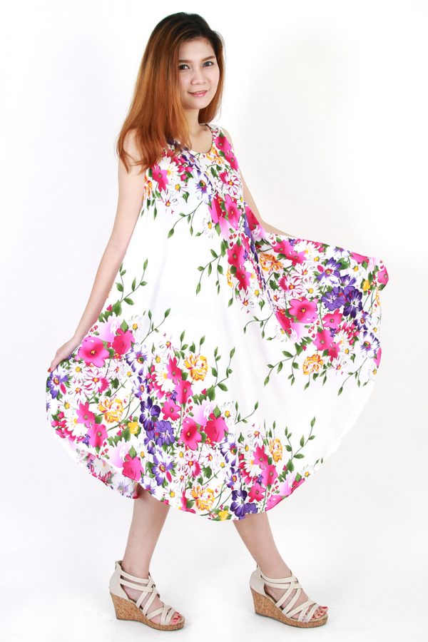 Flower Bohemian Casual Beach Sundress Round Size XS-XXL up to 2X White bw03w-5535