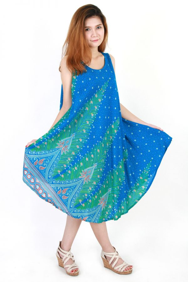 Peacock Bohemian Casual Beach Sundress Round Size XS-XXL up to 2X Blue bw06c-5202