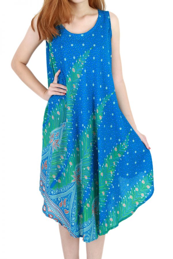 Peacock Bohemian Casual Beach Sundress Round Size XS-XXL up to 2X Blue bw06c-5203