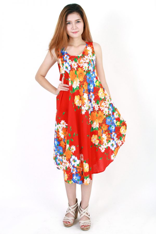 Flower Bohemian Casual Beach Sundress Round Size XS-XXL up to 2X Red bw03r-5514