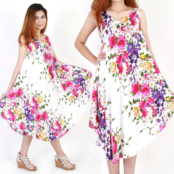 Flower Bohemian Casual Beach Sundress Round Size XS-XXL up to 2X White bw03w-0