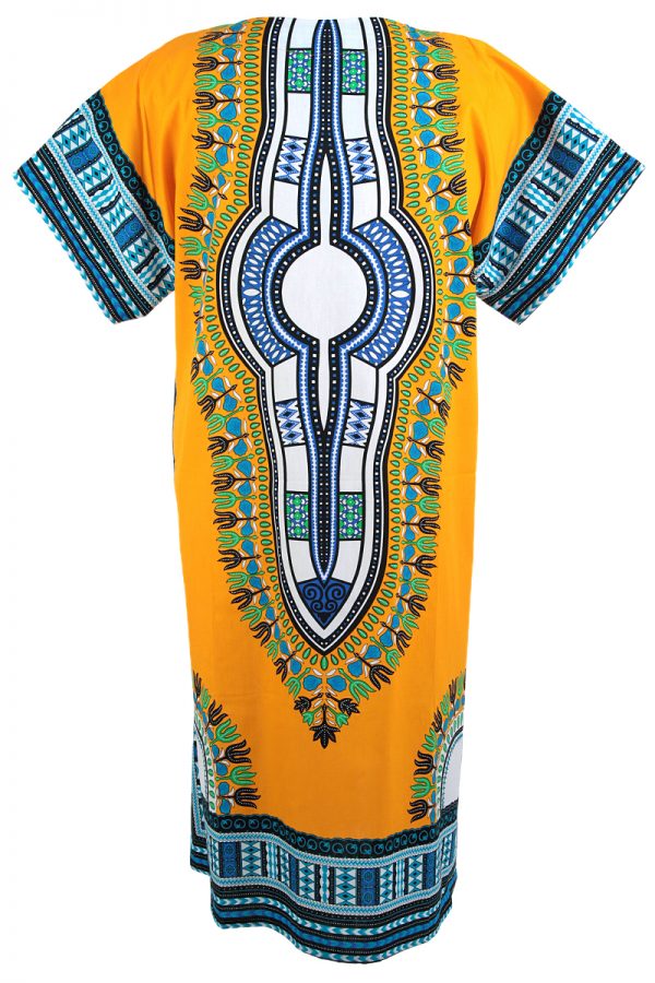 African Dashiki Mexican Long Dress Poncho Hippie Tribal Ethic Boho Yellow ad16w-7604