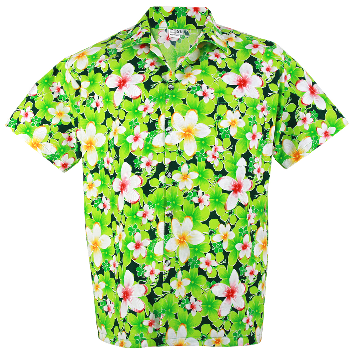 Hawaiian Shirt Aloha Cotton Vivid Plumeria Frangipani Beach Green L ...