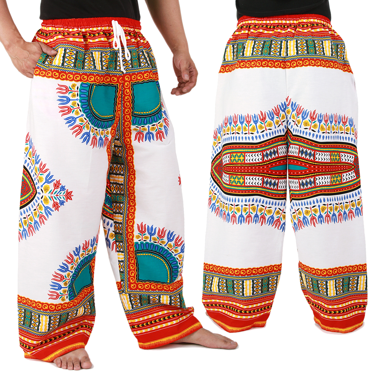 Dashiki African Pants Cotton Aladdin Yoga Harem Unisex BOHO White ap03wr