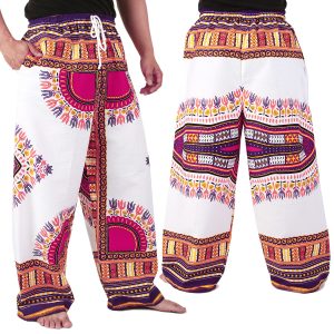 Dashiki African Pants Cotton Aladdin Yoga Harem Unisex BOHO White ap03wv-0