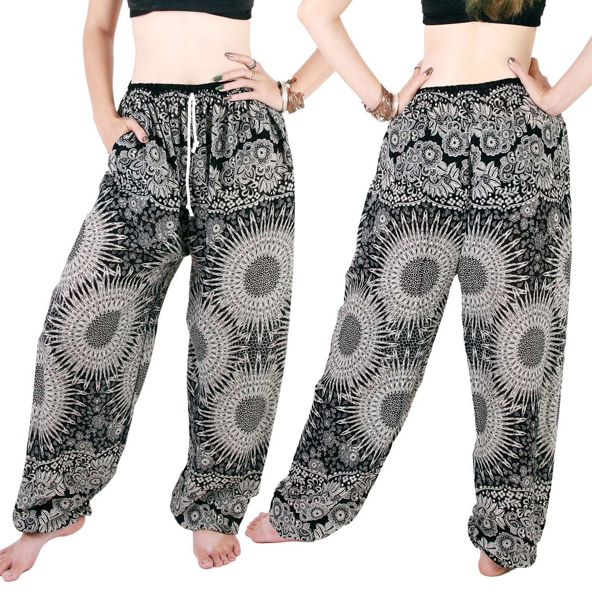 Harem Trousers Aladdin Smock Pants Hippie Boho Jumpsuit Floral Black